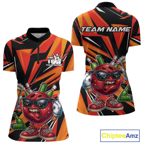 Custom Funny Bowling Ball Drink Beer Bowling Women Quarter-Zip Shirt, Orange Team Shirt IPHW10122