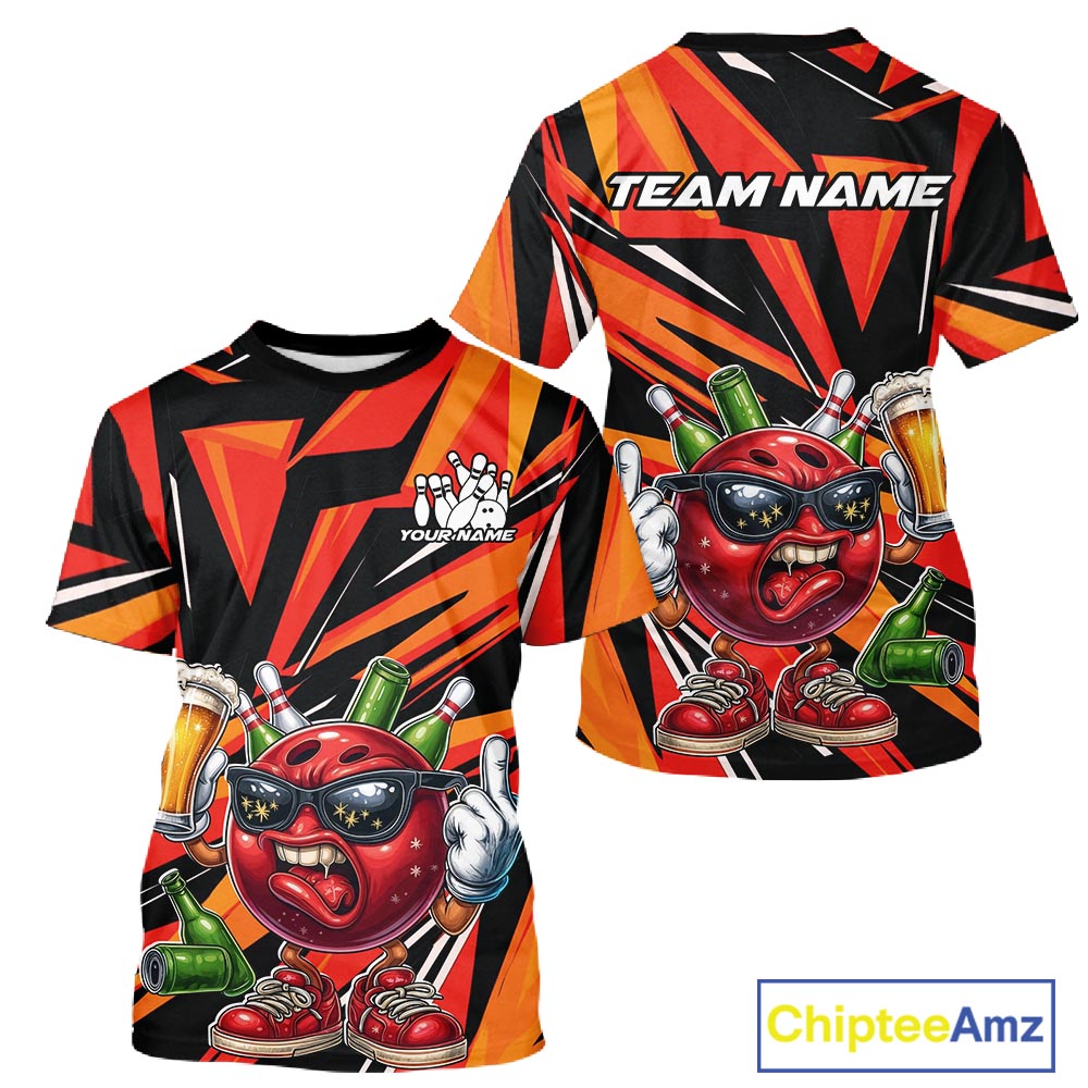 Custom Funny Bowling Ball Drink Beer Bowling Men T-Shirts, Orange Bowling Team IPHW10122