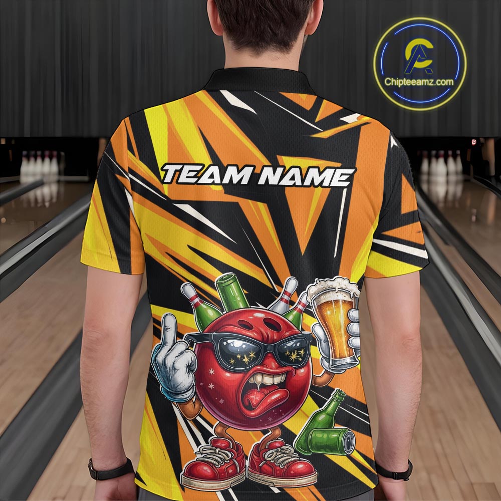 Custom Funny Bowling Ball Drink Beer Bowling Men Polo Shirt, Yellow Bowling Team Shirt IPHW10123