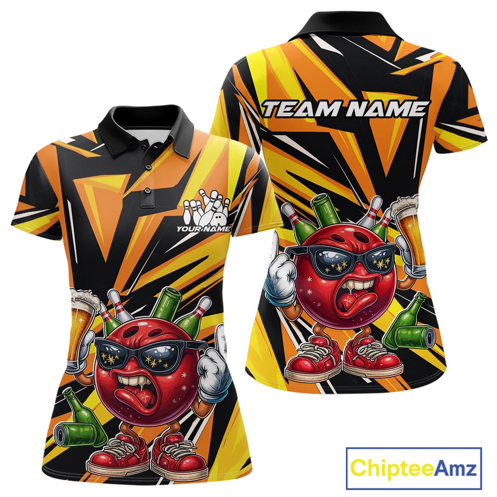 Custom Funny Bowling Ball Drink Beer Bowling Women Polo Shirt, Yellow Bowling Team Shirt IPHW10123