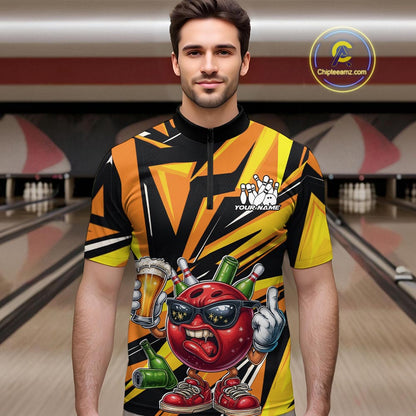 Custom Funny Bowling Ball Drink Beer Bowling Men Quarter-Zip Shirt, Yellow Bowling Team Shirt IPHW10123
