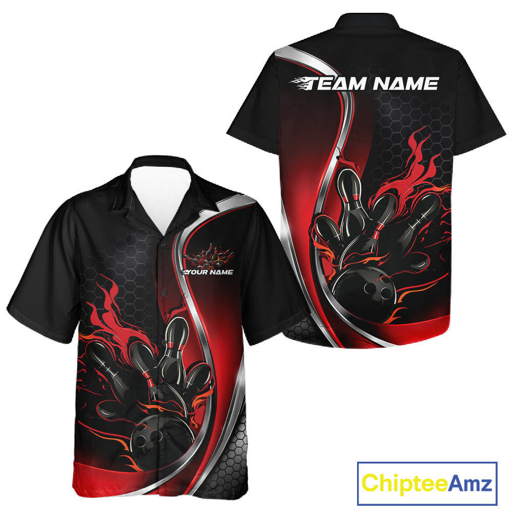 Front and back view of a black and red button-up bowling shirt mockup with flame bowling ball and pins dynamic bowling artwork.