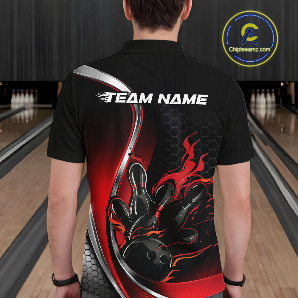 Male model seen from the back in a bowling lane wearing a black and red polo shirt featuring a flame bowling ball striking pins in a dynamic sports illustration.