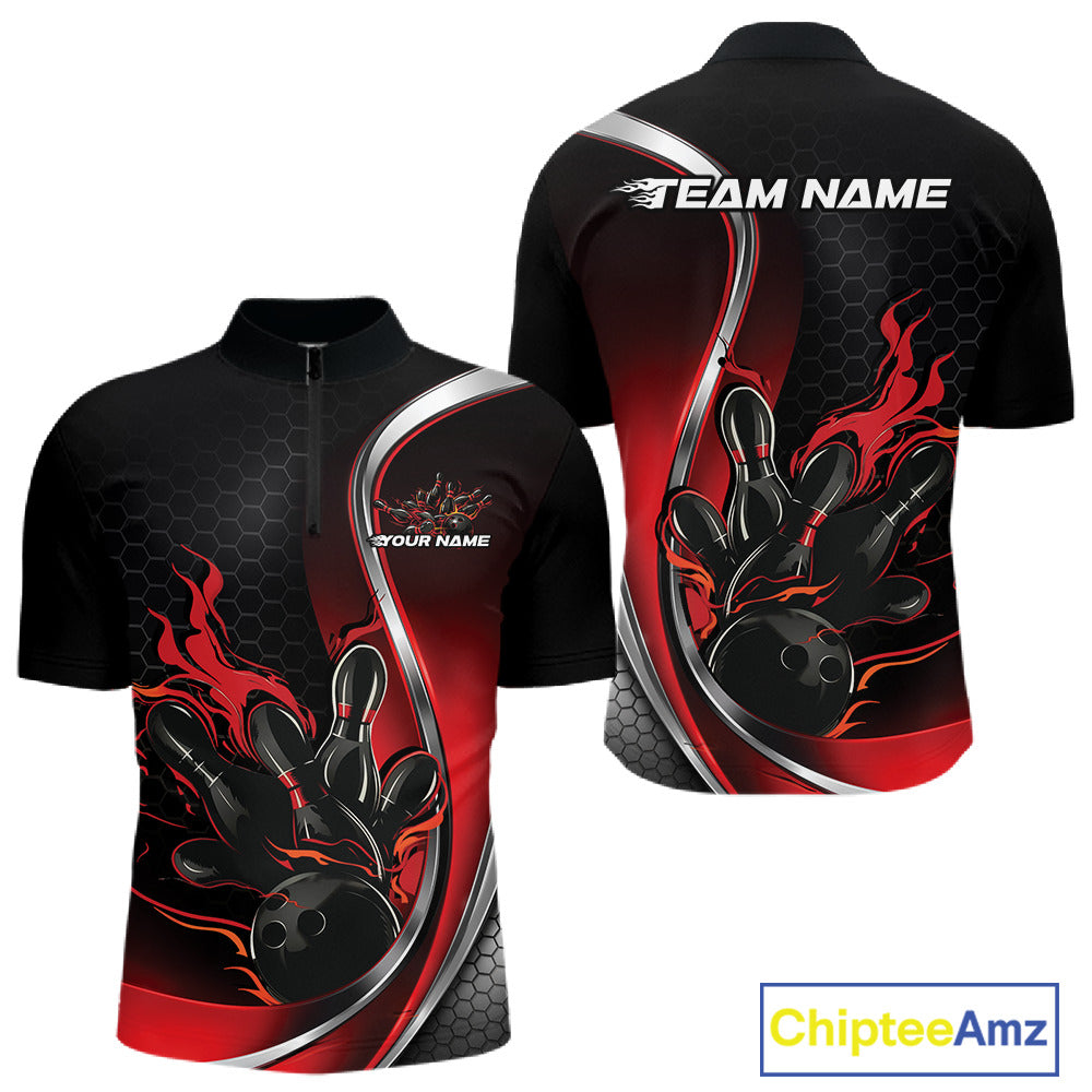 Mens quarter zip bowling shirt mockup, black and red colorway featuring flaming bowling ball striking pins bold illustration