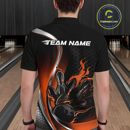 Male model seen from the back in a bowling lane wearing a black and orange polo shirt featuring a flame bowling ball and pins design in a dynamic sports illustration.