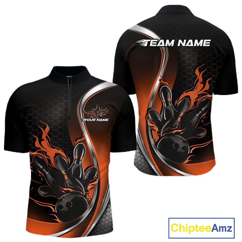 Mens quarter zip bowling shirt mockup, black and orange version featuring flaming bowling ball striking pins bold illustration