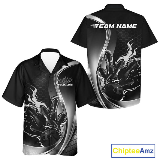 Front and back view of a black and gray button-up bowling shirt mockup featuring flame bowling ball and pins design with modern sporty graphics.