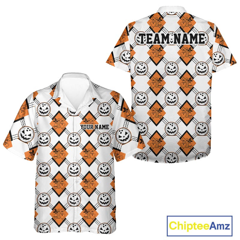 Custom Cute Funny White And Orange Halloween Bowling Argyle Pattern Men And Women Button Up Shirt IPHW11916