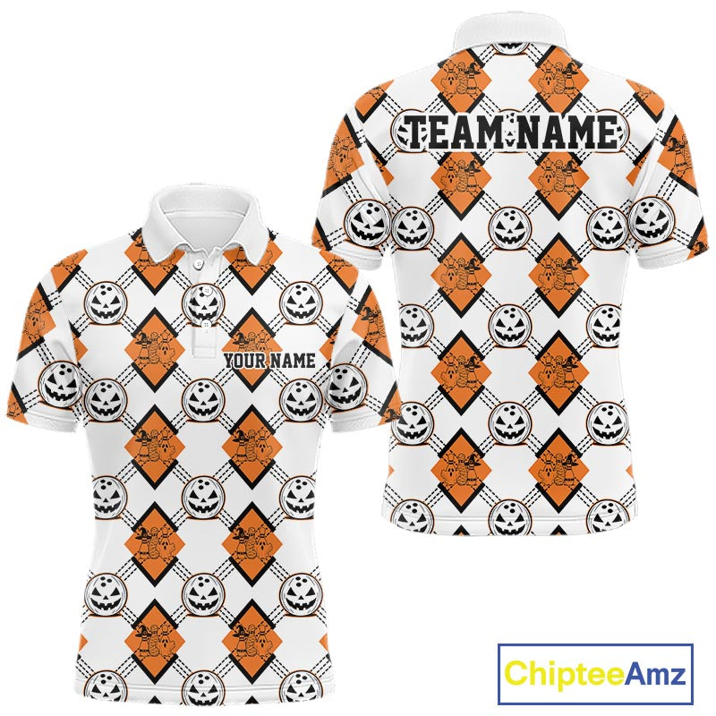 Custom Cute Funny White And Orange Halloween Bowling Argyle Pattern Men Polo Shirt IPHW11916