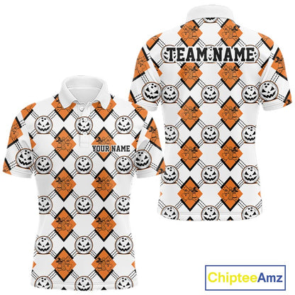 Custom Cute Funny White And Orange Halloween Bowling Argyle Pattern Men Polo Shirt IPHW11916