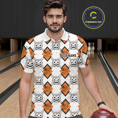 Custom Cute Funny White And Orange Halloween Bowling Argyle Pattern Men Polo Shirt IPHW11916