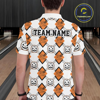Custom Cute Funny White And Orange Halloween Bowling Argyle Pattern Men Polo Shirt IPHW11916