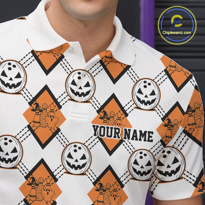 Custom Cute Funny White And Orange Halloween Bowling Argyle Pattern Men Polo Shirt IPHW11916
