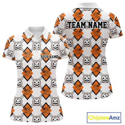 Custom Cute Funny White And Orange Halloween Bowling Argyle Pattern Women Polo Shirt IPHW11916