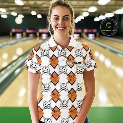Custom Cute Funny White And Orange Halloween Bowling Argyle Pattern Women Polo Shirt IPHW11916