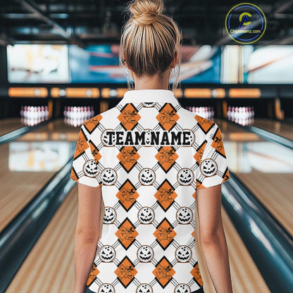 Custom Cute Funny White And Orange Halloween Bowling Argyle Pattern Women Polo Shirt IPHW11916