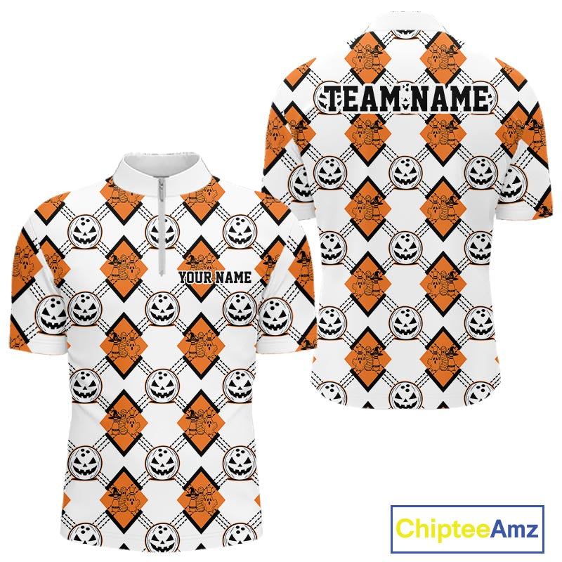 Custom Cute Funny White And Orange Halloween Bowling Argyle Pattern Men Quarter Zip Shirt IPHW11916