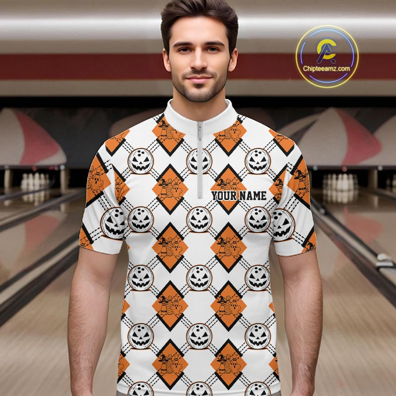 Custom Cute Funny White And Orange Halloween Bowling Argyle Pattern Men Quarter Zip Shirt IPHW11916