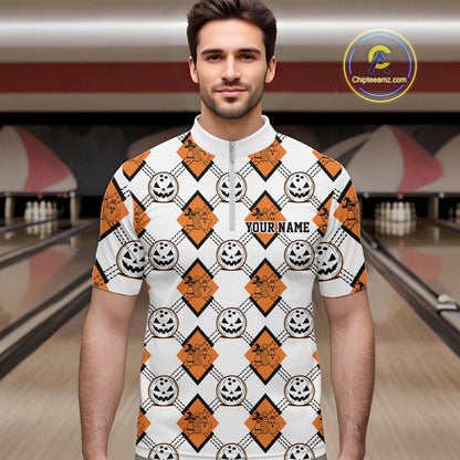 Custom Cute Funny White And Orange Halloween Bowling Argyle Pattern Men Quarter Zip Shirt IPHW11916