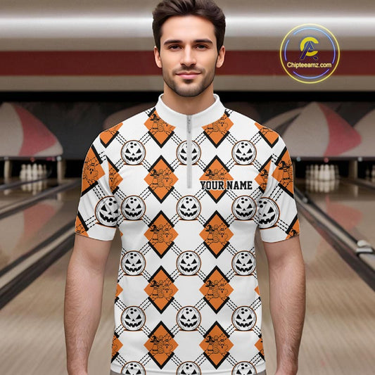 Custom Cute Funny White And Orange Halloween Bowling Argyle Pattern Men Quarter Zip Shirt IPHW11916