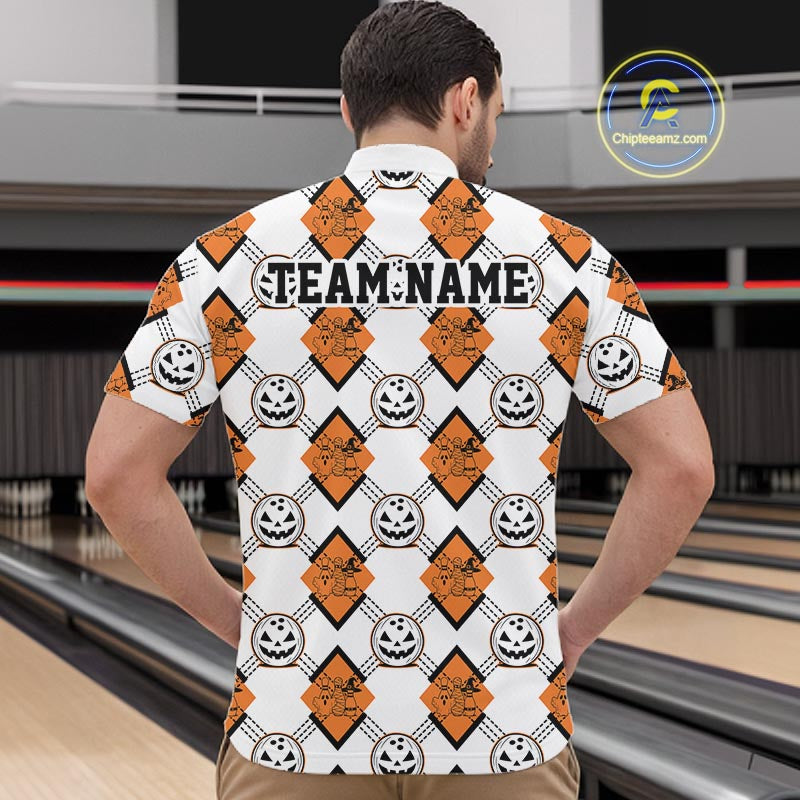 Custom Cute Funny White And Orange Halloween Bowling Argyle Pattern Men Quarter Zip Shirt IPHW11916