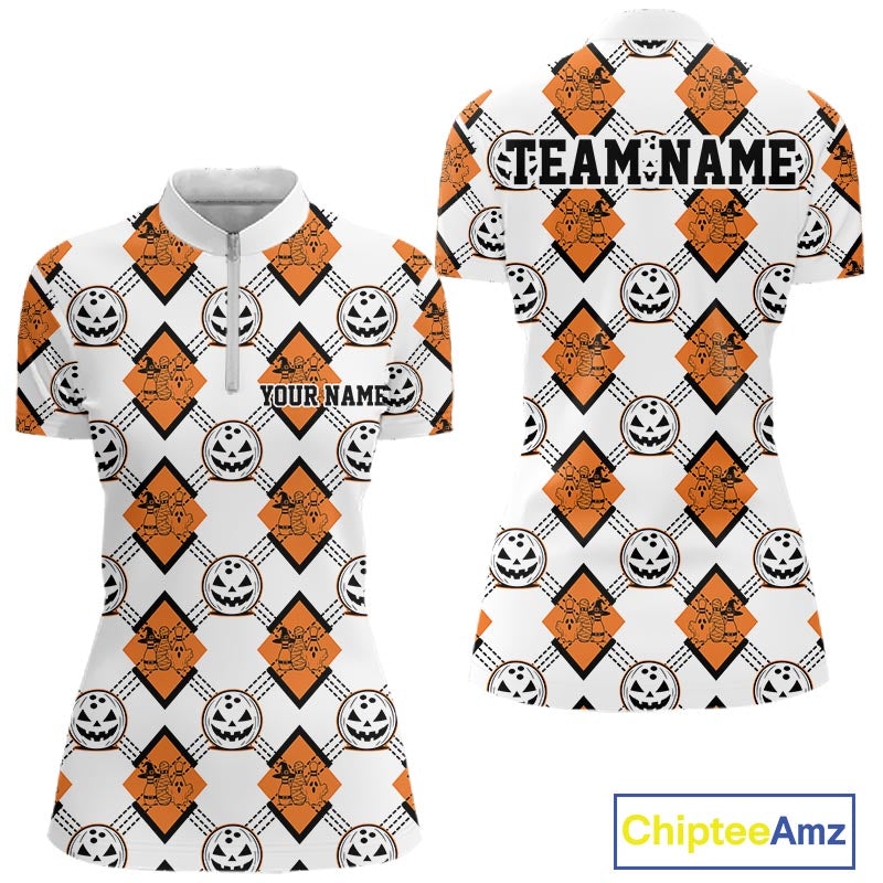 Custom Cute Funny White And Orange Halloween Bowling Argyle Women Quarter-Zip Shirt IPHW11916
