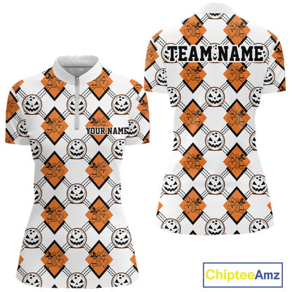 Custom Cute Funny White And Orange Halloween Bowling Argyle Women Quarter-Zip Shirt IPHW11916