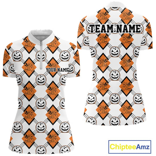 Custom Cute Funny White And Orange Halloween Bowling Argyle Women Quarter-Zip Shirt IPHW11916