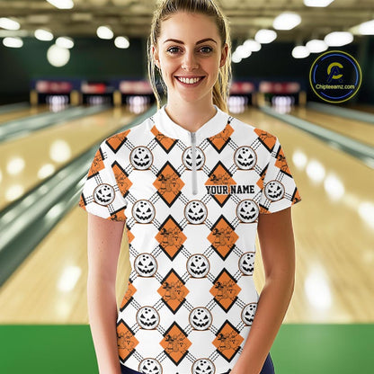 Custom Cute Funny White And Orange Halloween Bowling Argyle Women Quarter-Zip Shirt IPHW11916