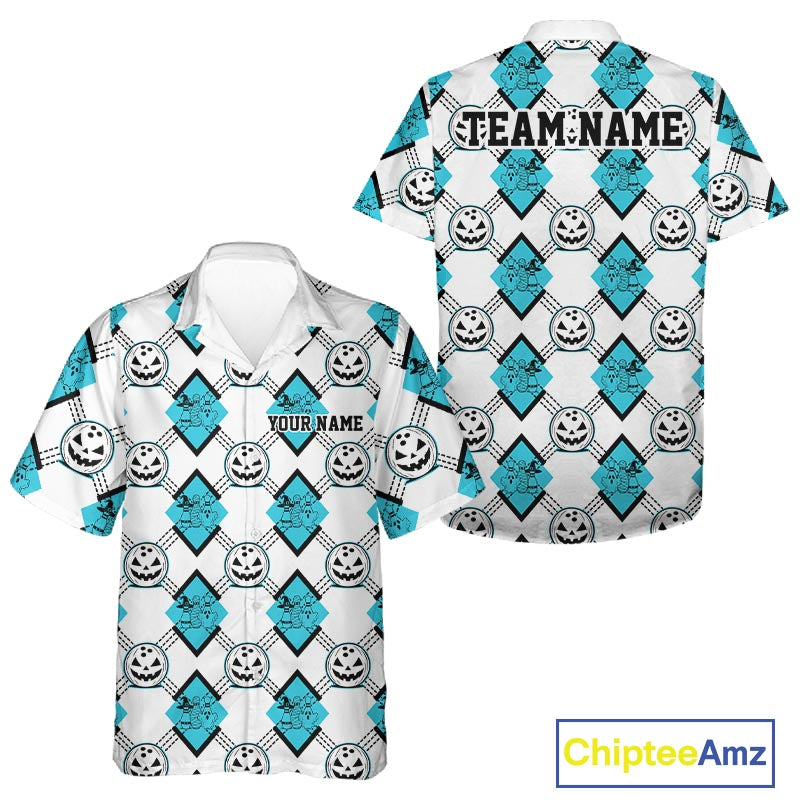 Custom Cute Funny Turquoise Blue Halloween Bowling Argyle Pattern Men And Women Button Up Shirt IPHW11917