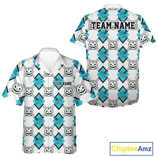 Custom Cute Funny Turquoise Blue Halloween Bowling Argyle Pattern Men And Women Button Up Shirt IPHW11917