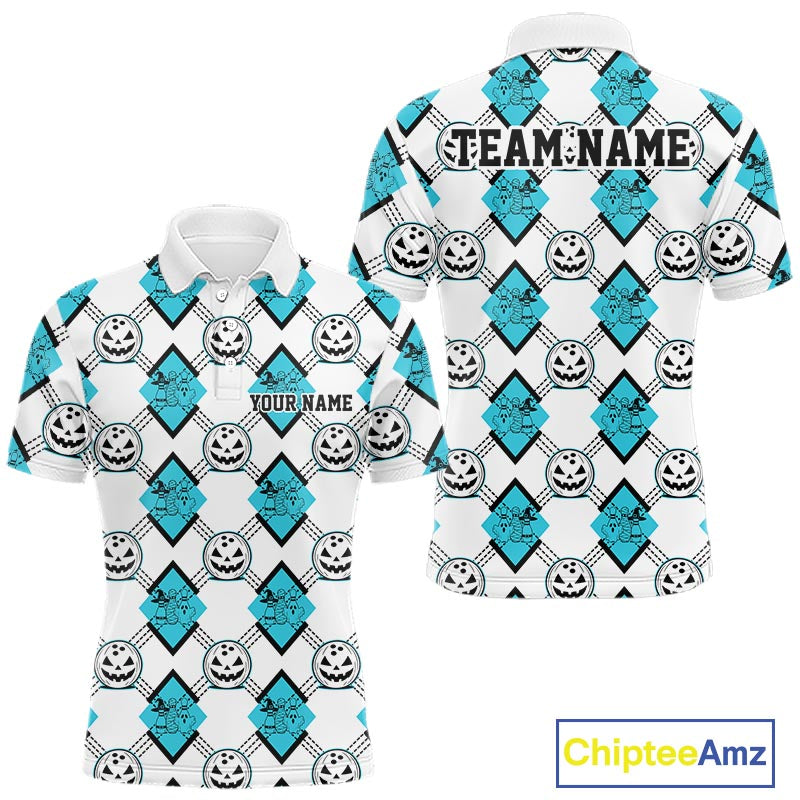 Custom Cute Funny Turquoise Blue Halloween Bowling Argyle Pattern Men Polo Shirt IPHW11917