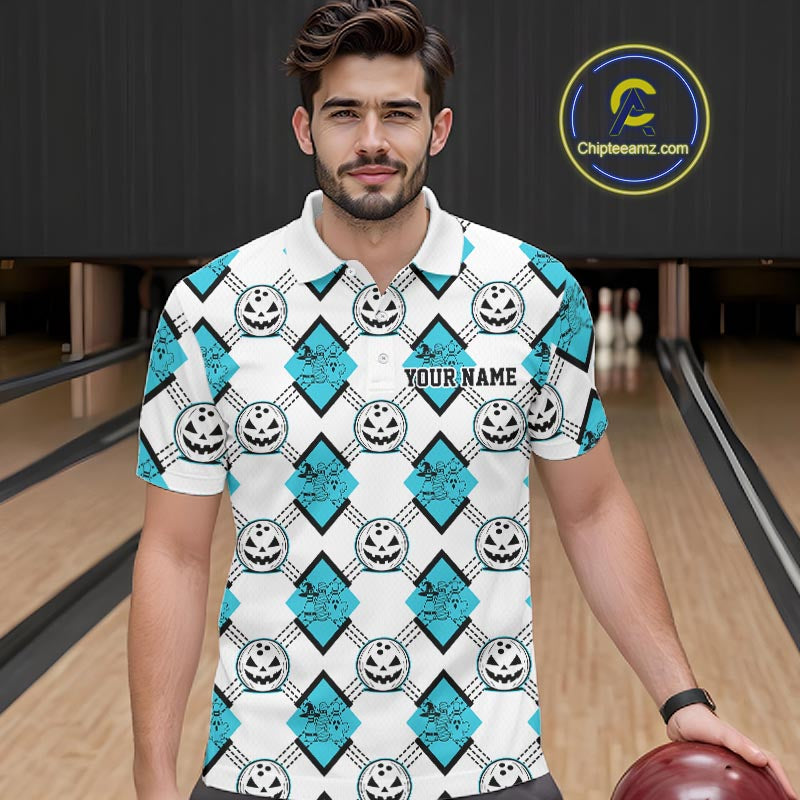 Custom Cute Funny Turquoise Blue Halloween Bowling Argyle Pattern Men Polo Shirt IPHW11917