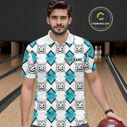 Custom Cute Funny Turquoise Blue Halloween Bowling Argyle Pattern Men Polo Shirt IPHW11917