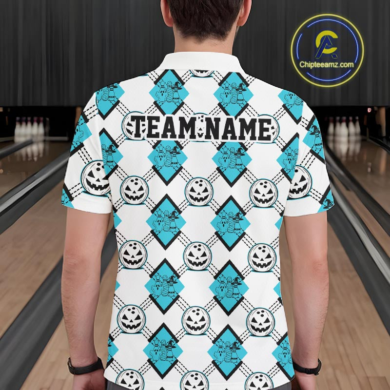 Custom Cute Funny Turquoise Blue Halloween Bowling Argyle Pattern Men Polo Shirt IPHW11917