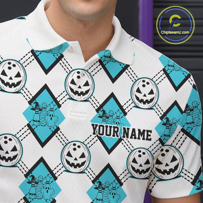 Custom Cute Funny Turquoise Blue Halloween Bowling Argyle Pattern Men Polo Shirt IPHW11917