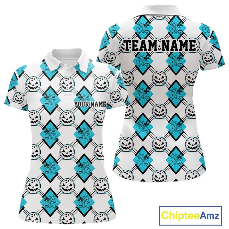 Custom Cute Funny Turquoise Blue Halloween Bowling Argyle Pattern Women Polo Shirt IPHW11917