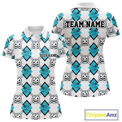 Custom Cute Funny Turquoise Blue Halloween Bowling Argyle Pattern Women Polo Shirt IPHW11917