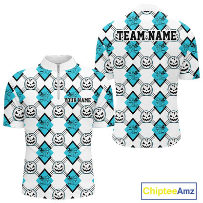 Custom Cute Funny Turquoise Blue Halloween Bowling Argyle Pattern Men Quarter Zip Shirt IPHW11917