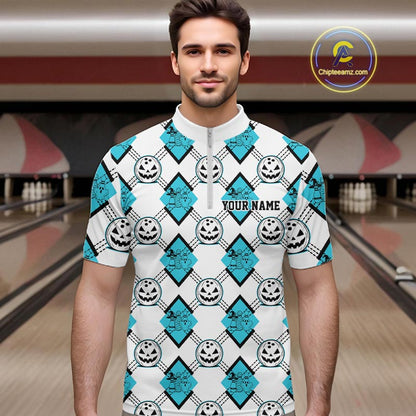 Custom Cute Funny Turquoise Blue Halloween Bowling Argyle Pattern Men Quarter Zip Shirt IPHW11917