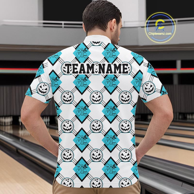 Custom Cute Funny Turquoise Blue Halloween Bowling Argyle Pattern Men Quarter Zip Shirt IPHW11917