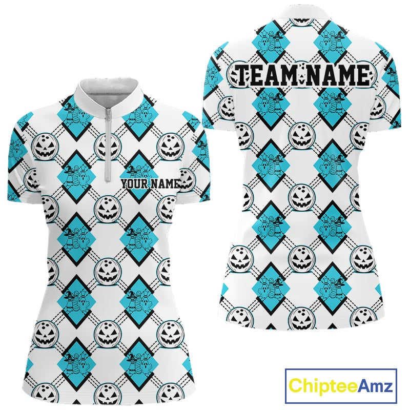 Custom Cute Funny Turquoise Blue Halloween Bowling Argyle Women Quarter-Zip Shirt IPHW11917