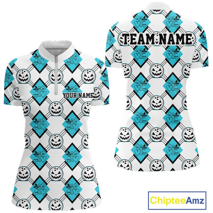 Custom Cute Funny Turquoise Blue Halloween Bowling Argyle Women Quarter-Zip Shirt IPHW11917