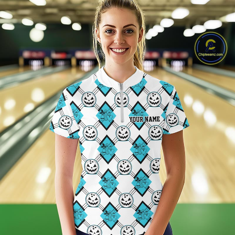 Custom Cute Funny Turquoise Blue Halloween Bowling Argyle Women Quarter-Zip Shirt IPHW11917