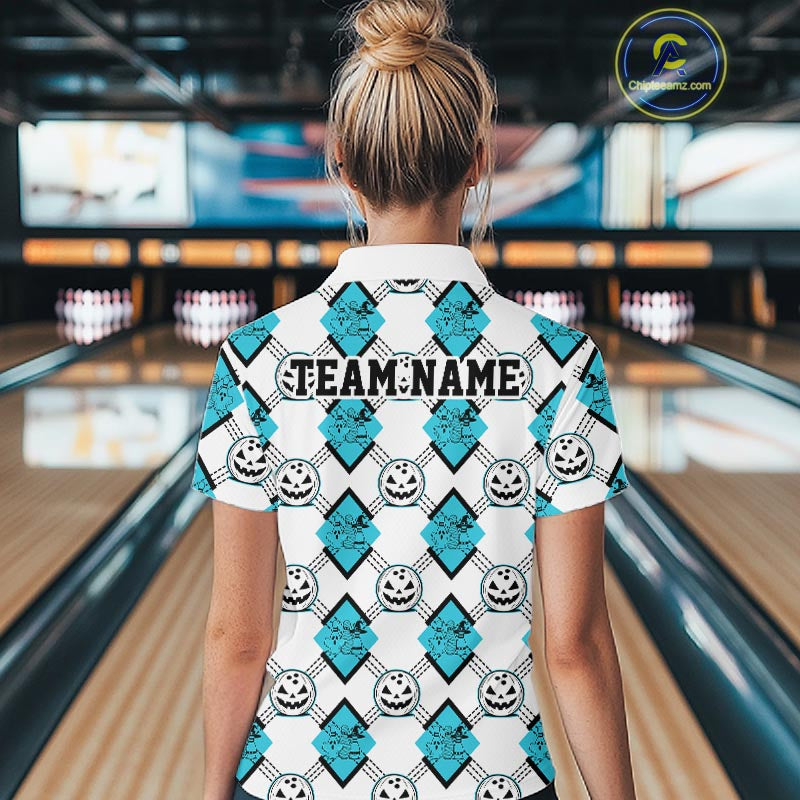 Custom Cute Funny Turquoise Blue Halloween Bowling Argyle Women Quarter-Zip Shirt IPHW11917