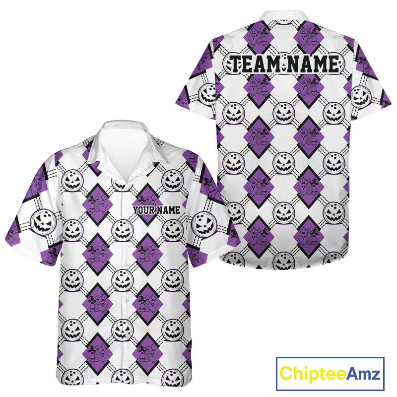 Custom Cute Funny White And Purple Halloween Bowling Argyle Pattern Men And Women Button Up Shirt IPHW11918