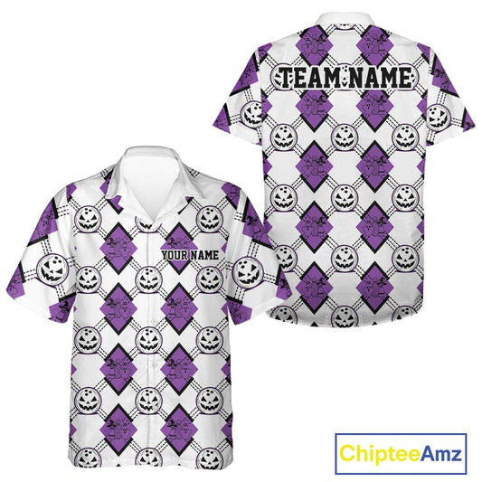 Custom Cute Funny White And Purple Halloween Bowling Argyle Pattern Men And Women Button Up Shirt IPHW11918