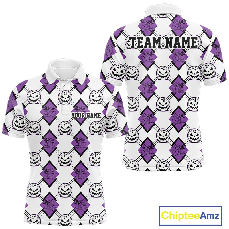 Custom Cute Funny White And Purple Halloween Bowling Argyle Pattern Men Polo Shirt IPHW11918