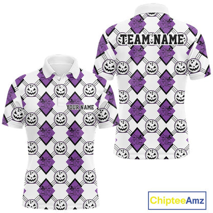 Custom Cute Funny White And Purple Halloween Bowling Argyle Pattern Men Polo Shirt IPHW11918
