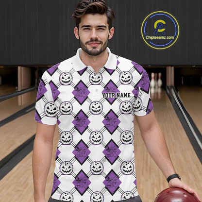 Custom Cute Funny White And Purple Halloween Bowling Argyle Pattern Men Polo Shirt IPHW11918